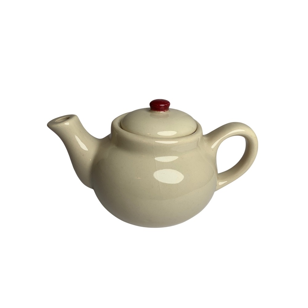 Vintage Wallace China Individual Teapot Cream Red Knob Mid Century Made in USA
